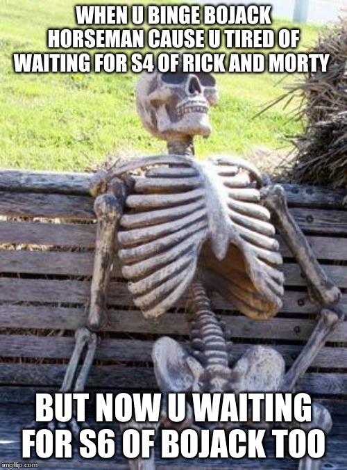 Waiting Skeleton Meme | WHEN U BINGE BOJACK HORSEMAN CAUSE U TIRED OF WAITING FOR S4 OF RICK AND MORTY; BUT NOW U WAITING FOR S6 OF BOJACK TOO | image tagged in memes,waiting skeleton | made w/ Imgflip meme maker