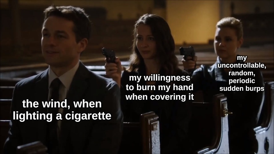 my uncontrollable, random, periodic sudden burps; my willingness to burn my hand when covering it; the wind, when lighting a cigarette | image tagged in memes,life | made w/ Imgflip meme maker