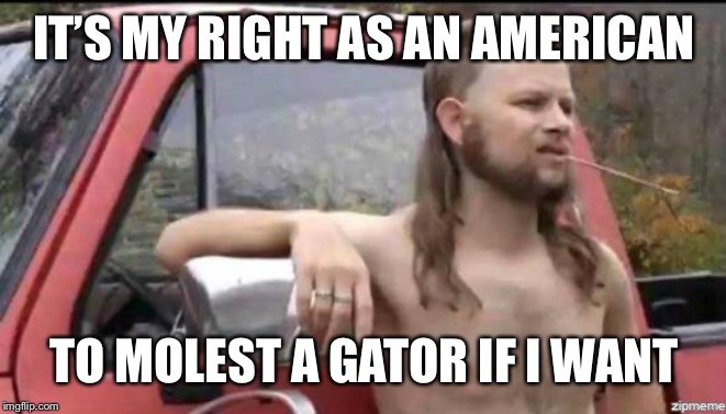 almost politically correct redneck | IT’S MY RIGHT AS AN AMERICAN TO MOLEST A GATOR IF I WANT | image tagged in almost politically correct redneck | made w/ Imgflip meme maker