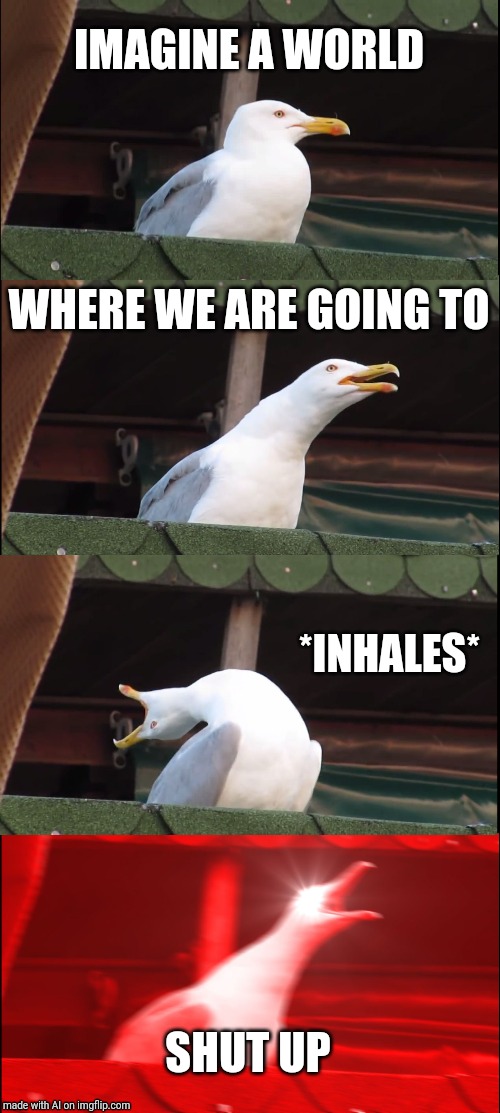 Inhaling Seagull | IMAGINE A WORLD; WHERE WE ARE GOING TO; *INHALES*; SHUT UP | image tagged in memes,inhaling seagull | made w/ Imgflip meme maker