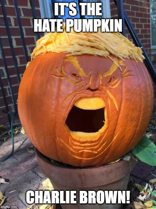 IT'S THE HATE PUMPKIN; CHARLIE BROWN! | image tagged in hate,donald trump,trump,trumpkin,pumpkin,hate pumpkin | made w/ Imgflip meme maker