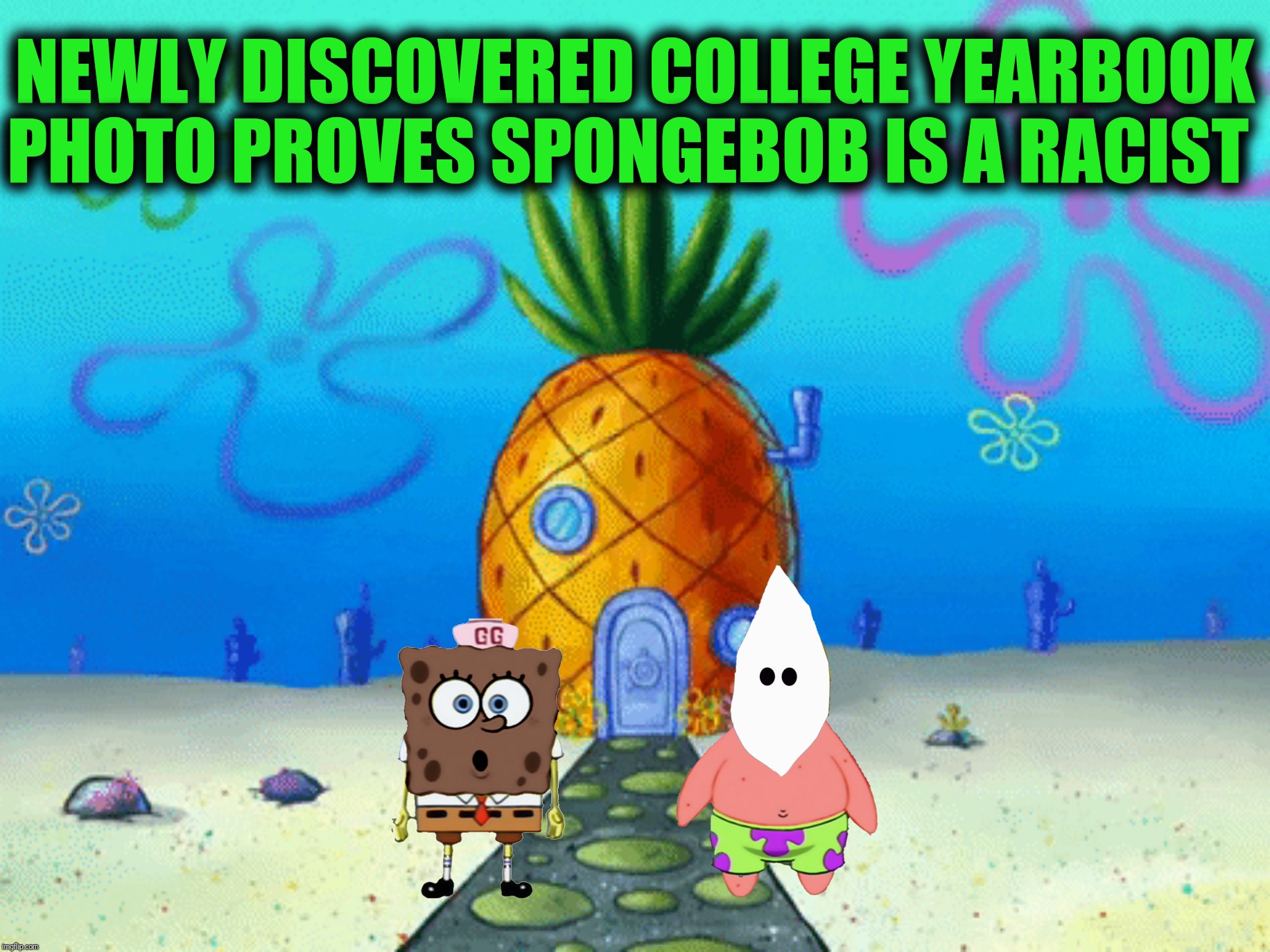 Bad Photoshop Sunday presents:  Spongebob BlackFace | NEWLY DISCOVERED COLLEGE YEARBOOK PHOTO PROVES SPONGEBOB IS A RACIST | image tagged in bad photoshop sunday,spongebob squarepants,black face,spongebob blackface,uw professor,ralph northam | made w/ Imgflip meme maker
