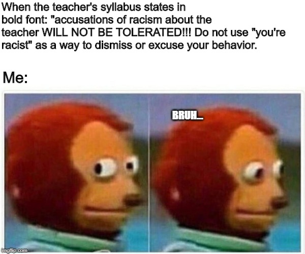 Monkey Puppet | When the teacher's syllabus states in bold font: "accusations of racism about the teacher WILL NOT BE TOLERATED!!! Do not use "you're racist" as a way to dismiss or excuse your behavior. Me:; BRUH... | image tagged in monkey puppet | made w/ Imgflip meme maker