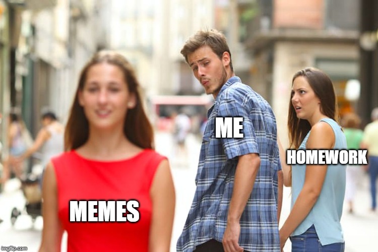 Distracted Boyfriend | ME; HOMEWORK; MEMES | image tagged in memes,distracted boyfriend | made w/ Imgflip meme maker