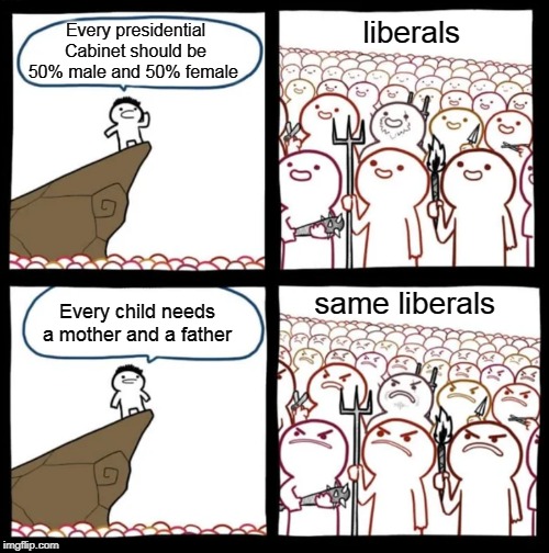 "Equal representation in government and corporations!" What about in the home? | liberals; Every presidential Cabinet should be 50% male and 50% female; Every child needs a mother and a father; same liberals | image tagged in cliff announcement,cabinet,liberals,think of the children,family values,memes | made w/ Imgflip meme maker