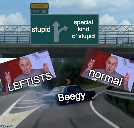 Left Exit 12 Off Ramp Meme | stupid special kind o' stupid Beegy LEFTISTS normal | image tagged in memes,left exit 12 off ramp | made w/ Imgflip meme maker