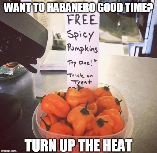 turn up the heat | WANT TO HABANERO GOOD TIME? TURN UP THE HEAT | image tagged in halloween,habanero,surprise | made w/ Imgflip meme maker