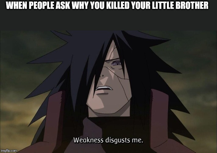 Weakness disgusts me | WHEN PEOPLE ASK WHY YOU KILLED YOUR LITTLE BROTHER | image tagged in weakness disgusts me | made w/ Imgflip meme maker