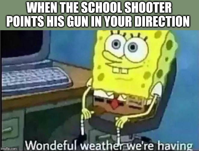 spondgebob wonderful weather | WHEN THE SCHOOL SHOOTER POINTS HIS GUN IN YOUR DIRECTION | image tagged in spondgebob wonderful weather | made w/ Imgflip meme maker