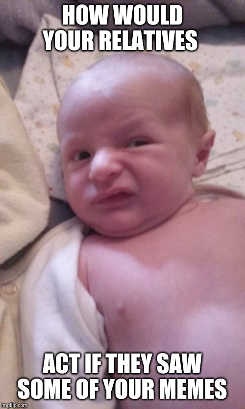 baby with gross look | HOW WOULD YOUR RELATIVES; ACT IF THEY SAW SOME OF YOUR MEMES | image tagged in baby with gross look | made w/ Imgflip meme maker