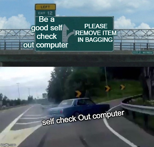 SUCH TROLLS! | Be a good self check out computer; PLEASE REMOVE ITEM IN BAGGING; self check Out computer | image tagged in memes,left exit 12 off ramp | made w/ Imgflip meme maker