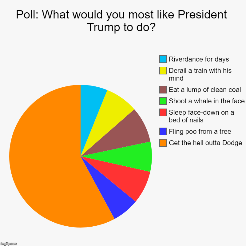 Poll: What would you most like President Trump to do? | Get the hell outta Dodge, Fling poo from a tree, Sleep face-down on a bed of nails,  | image tagged in charts,pie charts | made w/ Imgflip chart maker