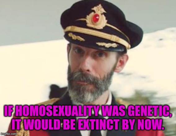 Captain Obvious | IF HOMOSEXUALITY WAS GENETIC, IT WOULD BE EXTINCT BY NOW. | image tagged in captain obvious | made w/ Imgflip meme maker