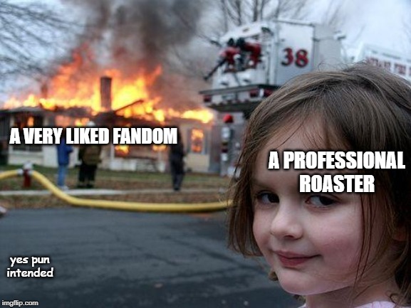 Disaster Girl Meme | A PROFESSIONAL ROASTER; A VERY LIKED FANDOM; yes pun intended | image tagged in memes,disaster girl | made w/ Imgflip meme maker