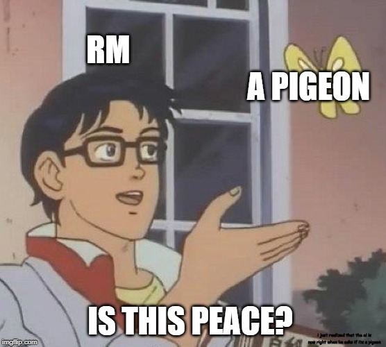 Is This A Pigeon | RM; A PIGEON; IS THIS PEACE? i just realized that the ai is now right when he asks if its a pigeon | image tagged in memes,is this a pigeon | made w/ Imgflip meme maker