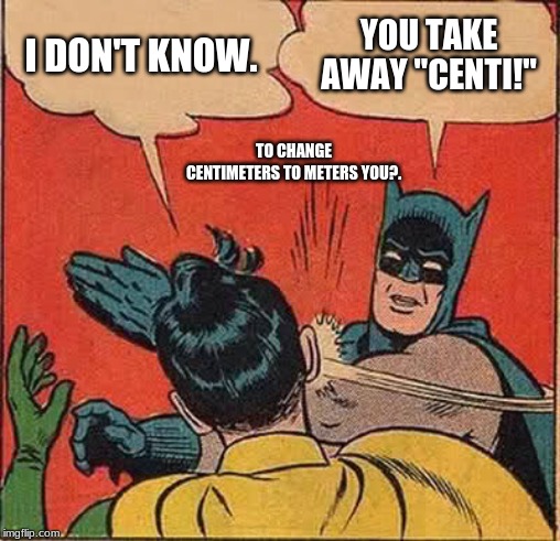 I DON'T KNOW. YOU TAKE AWAY "CENTI!" TO CHANGE CENTIMETERS TO METERS YOU?. | image tagged in memes,batman slapping robin | made w/ Imgflip meme maker