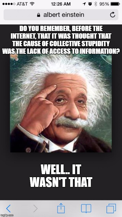 Albert Einstein | DO YOU REMEMBER, BEFORE THE INTERNET, THAT IT WAS THOUGHT THAT THE CAUSE OF COLLECTIVE STUPIDITY WAS THE LACK OF ACCESS TO INFORMATION? WELL.. IT WASN'T THAT | image tagged in albert einstein,random,stupidity,information,misinformation,internet | made w/ Imgflip meme maker