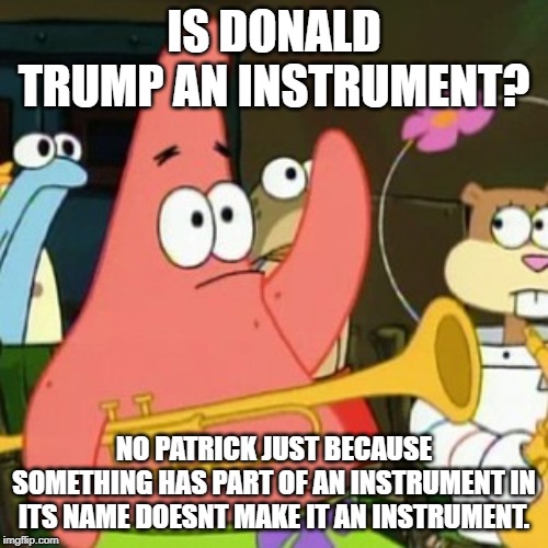 What an instrument? | IS DONALD TRUMP AN INSTRUMENT? NO PATRICK JUST BECAUSE SOMETHING HAS PART OF AN INSTRUMENT IN ITS NAME DOESNT MAKE IT AN INSTRUMENT. | image tagged in memes,no patrick | made w/ Imgflip meme maker