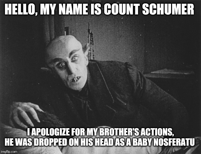 HELLO, MY NAME IS COUNT SCHUMER I APOLOGIZE FOR MY BROTHER'S ACTIONS, HE WAS DROPPED ON HIS HEAD AS A BABY NOSFERATU | made w/ Imgflip meme maker