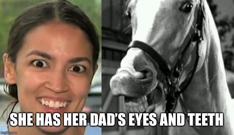 SHE HAS HER DAD’S EYES AND TEETH | image tagged in aoc,mr ed | made w/ Imgflip meme maker