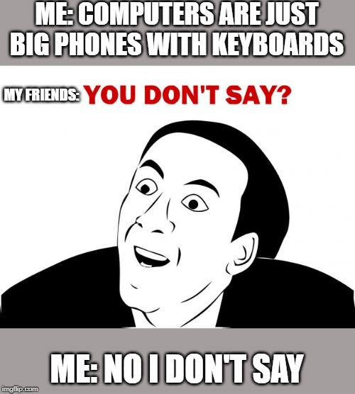 You Don't Say | ME: COMPUTERS ARE JUST BIG PHONES WITH KEYBOARDS; MY FRIENDS:; ME: NO I DON'T SAY | image tagged in memes,you don't say | made w/ Imgflip meme maker