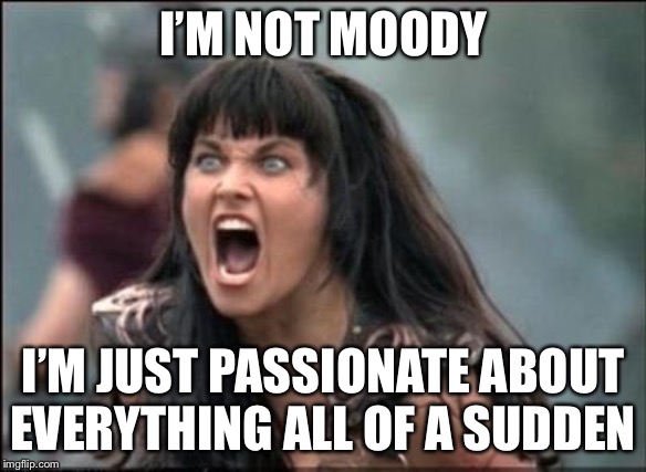 Angry Xena | I’M NOT MOODY I’M JUST PASSIONATE ABOUT EVERYTHING ALL OF A SUDDEN | image tagged in angry xena | made w/ Imgflip meme maker
