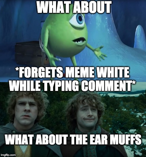 WHAT ABOUT *FORGETS MEME WHITE WHILE TYPING COMMENT* WHAT ABOUT THE EAR MUFFS | image tagged in what about me monsters inc,what about second breakfast | made w/ Imgflip meme maker
