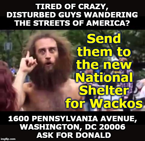 Send them to the new National Shelter for Wackos; TIRED OF CRAZY, DISTURBED GUYS WANDERING THE STREETS OF AMERICA? 1600 PENNSYLVANIA AVENUE, 
WASHINGTON, DC 20006 
ASK FOR DONALD | image tagged in homeless,crazy,disturbed,nuts,quart short,dementia | made w/ Imgflip meme maker