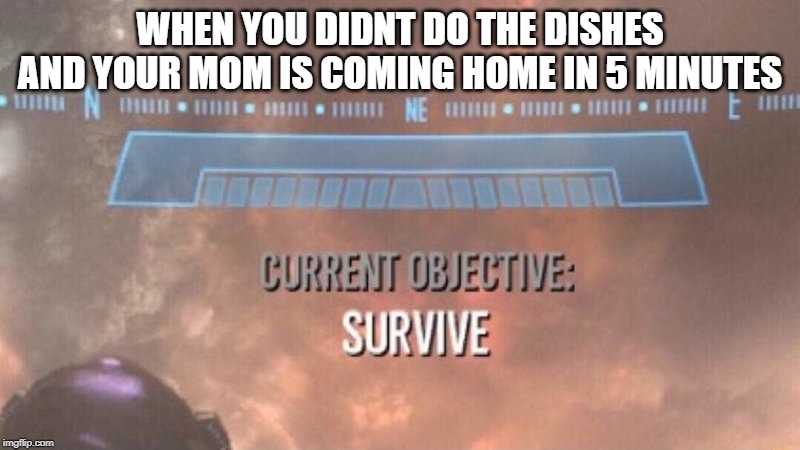 Current Objective: Survive | WHEN YOU DIDNT DO THE DISHES AND YOUR MOM IS COMING HOME IN 5 MINUTES | image tagged in current objective survive | made w/ Imgflip meme maker