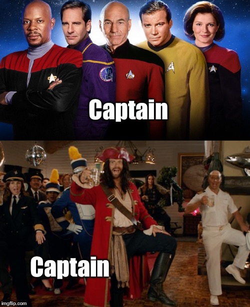Captain! | Captain; Captain | image tagged in star trek,captains,captain morgan,pickard,kirk | made w/ Imgflip meme maker