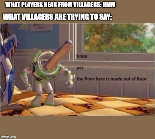 hmm yes the floor here is made out of floor | WHAT PLAYERS HEAR FROM VILLAGERS: HMM; WHAT VILLAGERS ARE TRYING TO SAY: | image tagged in hmm yes the floor here is made out of floor | made w/ Imgflip meme maker