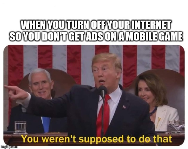 You weren't supposed to do that | WHEN YOU TURN OFF YOUR INTERNET SO YOU DON'T GET ADS ON A MOBILE GAME | image tagged in you weren't supposed to do that | made w/ Imgflip meme maker
