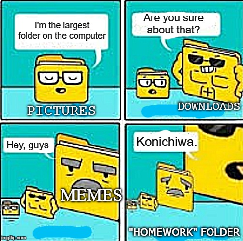 Are you sure about that? I'm the largest folder on the computer; DOWNLOADS; PICTURES; Hey, guys; Konichiwa. MEMES; "HOMEWORK" FOLDER | image tagged in hentai,memes,computer files,folders,weeb,homework | made w/ Imgflip meme maker