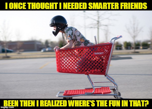 It's all in how you look at life | I ONCE THOUGHT I NEEDED SMARTER FRIENDS; BEEN THEN I REALIZED WHERE'S THE FUN IN THAT? | image tagged in dumb friends,darwin awards | made w/ Imgflip meme maker