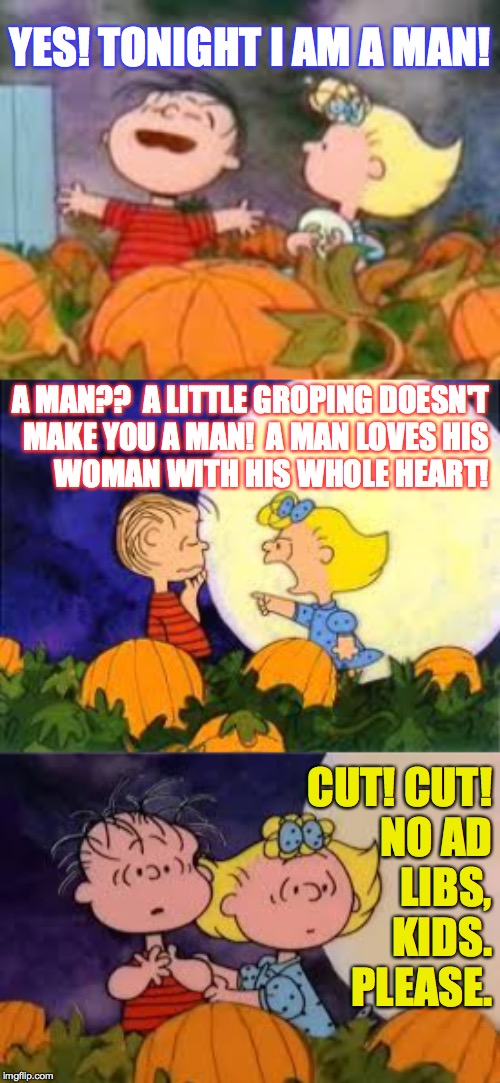 Meanwhile back in 1966... |  YES! TONIGHT I AM A MAN! A MAN??  A LITTLE GROPING DOESN'T
MAKE YOU A MAN!  A MAN LOVES HIS
WOMAN WITH HIS WHOLE HEART! CUT! CUT!
NO AD
LIBS,
KIDS.
PLEASE. | image tagged in memes,great pumpkin,linus and sally,halloween,what is love,acting | made w/ Imgflip meme maker