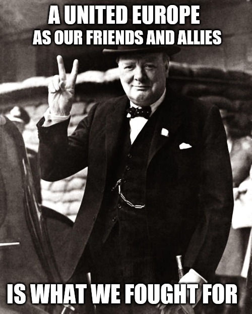 Churchill says it like it is | A UNITED EUROPE; AS OUR FRIENDS AND ALLIES; IS WHAT WE FOUGHT FOR | image tagged in brexit,winston churchill,churchill | made w/ Imgflip meme maker