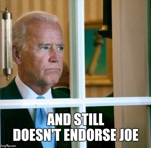 Sad Joe Biden | AND STILL DOESN'T ENDORSE JOE | image tagged in sad joe biden | made w/ Imgflip meme maker