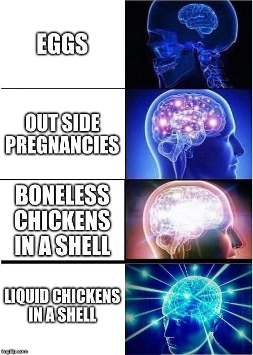 Expanding Brain Meme | EGGS; OUT SIDE PREGNANCIES; BONELESS CHICKENS IN A SHELL; LIQUID CHICKENS IN A SHELL | image tagged in memes,expanding brain | made w/ Imgflip meme maker