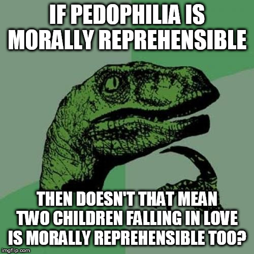 Philosoraptor | IF PEDOPHILIA IS MORALLY REPREHENSIBLE; THEN DOESN'T THAT MEAN TWO CHILDREN FALLING IN LOVE IS MORALLY REPREHENSIBLE TOO? | image tagged in memes,philosoraptor,pedophilia,reprehensible,morally reprehensible,love | made w/ Imgflip meme maker