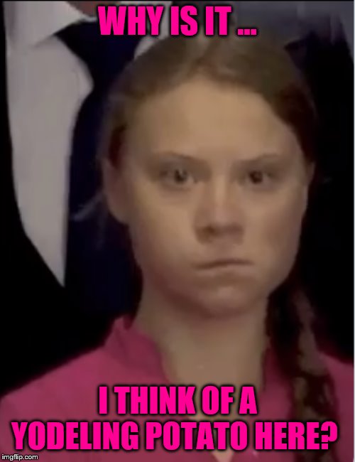 WHY IS IT ... I THINK OF A YODELING POTATO HERE? | image tagged in climate change girl | made w/ Imgflip meme maker