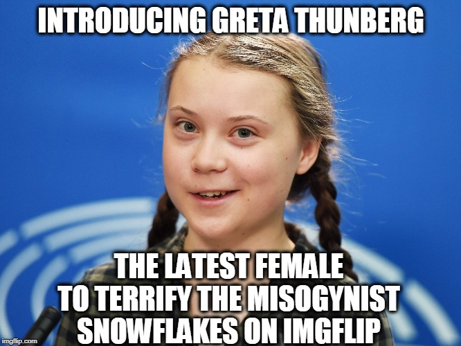 She's FEMALE! GIT 'ER! | INTRODUCING GRETA THUNBERG; THE LATEST FEMALE TO TERRIFY THE MISOGYNIST SNOWFLAKES ON IMGFLIP | image tagged in greta thunberg - scaring the misogynists on imgflip,greta thunberg,fear,misogyny,snowflakes | made w/ Imgflip meme maker
