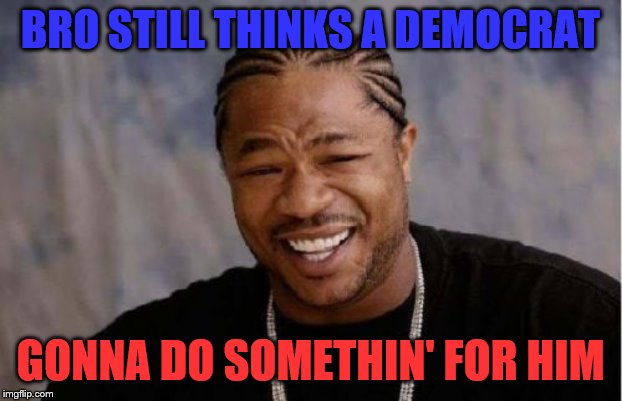 Yo Dawg Heard You | BRO STILL THINKS A DEMOCRAT; GONNA DO SOMETHIN' FOR HIM | image tagged in memes,yo dawg heard you,politics | made w/ Imgflip meme maker