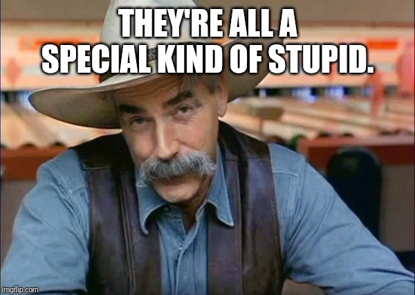 Sam Elliott special kind of stupid | THEY'RE ALL A SPECIAL KIND OF STUPID. | image tagged in sam elliott special kind of stupid | made w/ Imgflip meme maker