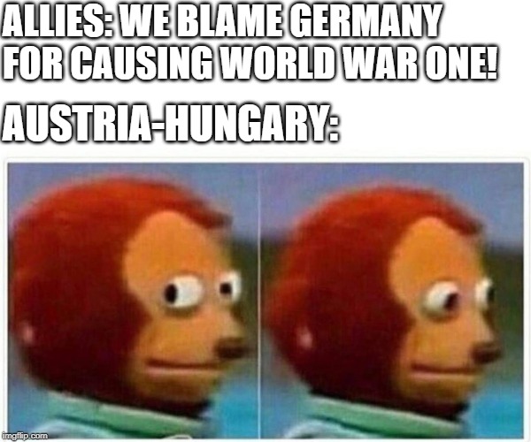 Monkey Puppet | ALLIES: WE BLAME GERMANY FOR CAUSING WORLD WAR ONE! AUSTRIA-HUNGARY: | image tagged in monkey puppet | made w/ Imgflip meme maker