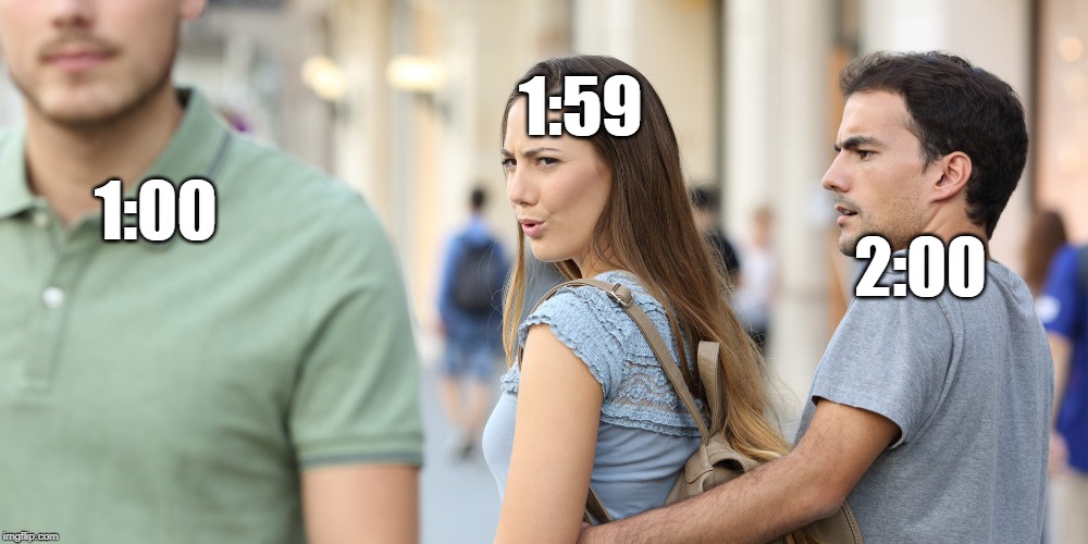 That time again (for some areas) | 1:59; 1:00; 2:00 | image tagged in distracted girlfriend,daylight savings time | made w/ Imgflip meme maker