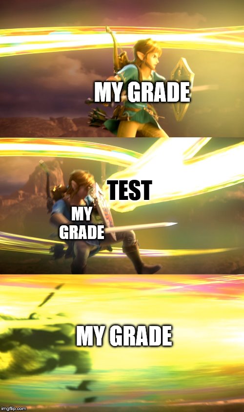 Link gets obliterated | MY GRADE; TEST; MY GRADE; MY GRADE | image tagged in link gets obliterated | made w/ Imgflip meme maker