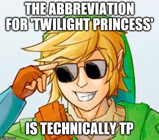 Troll Link | THE ABBREVIATION FOR 'TWILIGHT PRINCESS'; IS TECHNICALLY TP | image tagged in troll link | made w/ Imgflip meme maker