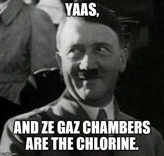 Hitler laugh  | YAAS, AND ZE GAZ CHAMBERS ARE THE CHLORINE. | image tagged in hitler laugh | made w/ Imgflip meme maker