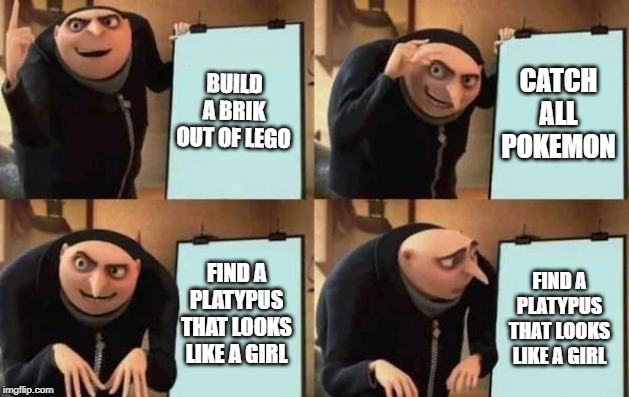 Gru's Plan | BUILD A BRIK OUT OF LEGO; CATCH ALL POKEMON; FIND A PLATYPUS THAT LOOKS LIKE A GIRL; FIND A PLATYPUS THAT LOOKS LIKE A GIRL | image tagged in gru's plan | made w/ Imgflip meme maker