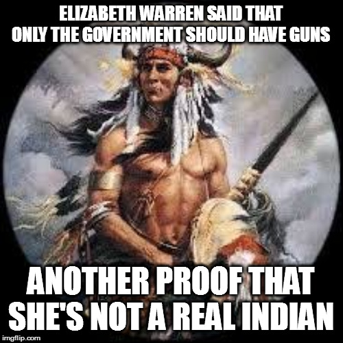 ELIZABETH WARREN SAID THAT ONLY THE GOVERNMENT SHOULD HAVE GUNS; ANOTHER PROOF THAT SHE'S NOT A REAL INDIAN | image tagged in elizabeth warren,indian,native american,democrats,dishonest | made w/ Imgflip meme maker